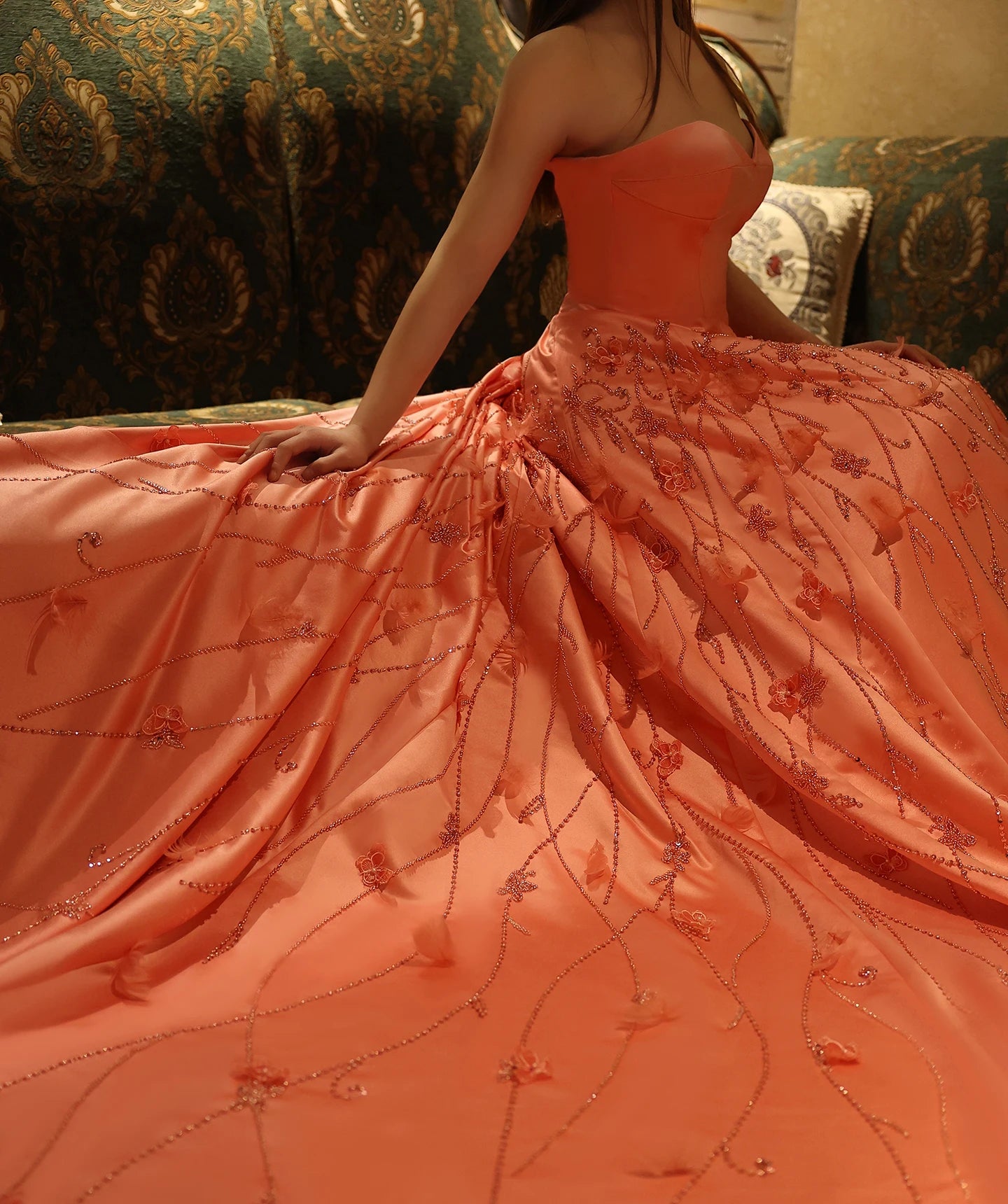 Luxury Feathers Coral Pink Evening Dresses 3D Flowers Sweetheart Long Women Wedding Formal Party Dress - Image 12