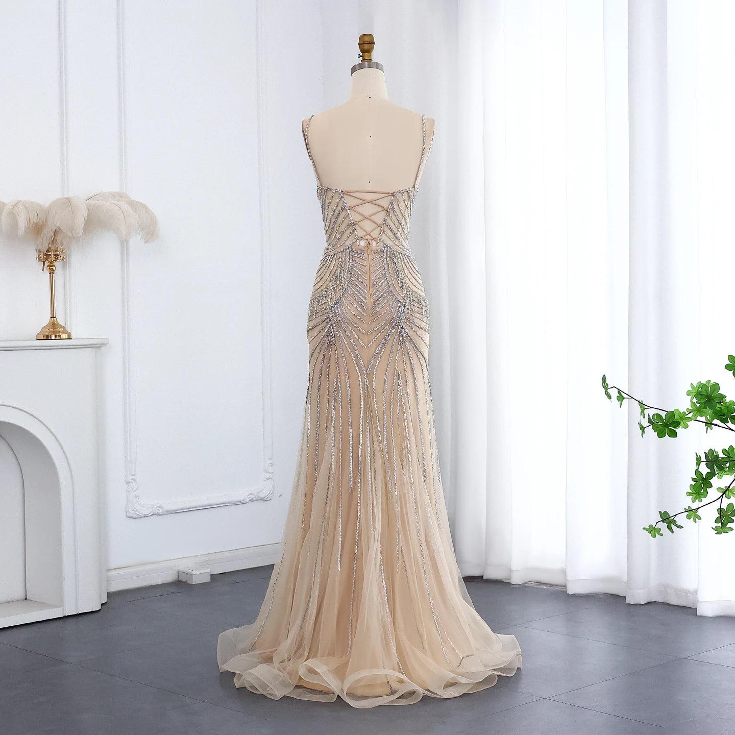 Luxury Crystal Tassel Mermaid Evening Dress with Spaghetti Straps Nude Pink Long Prom Party Gowns - Image 8