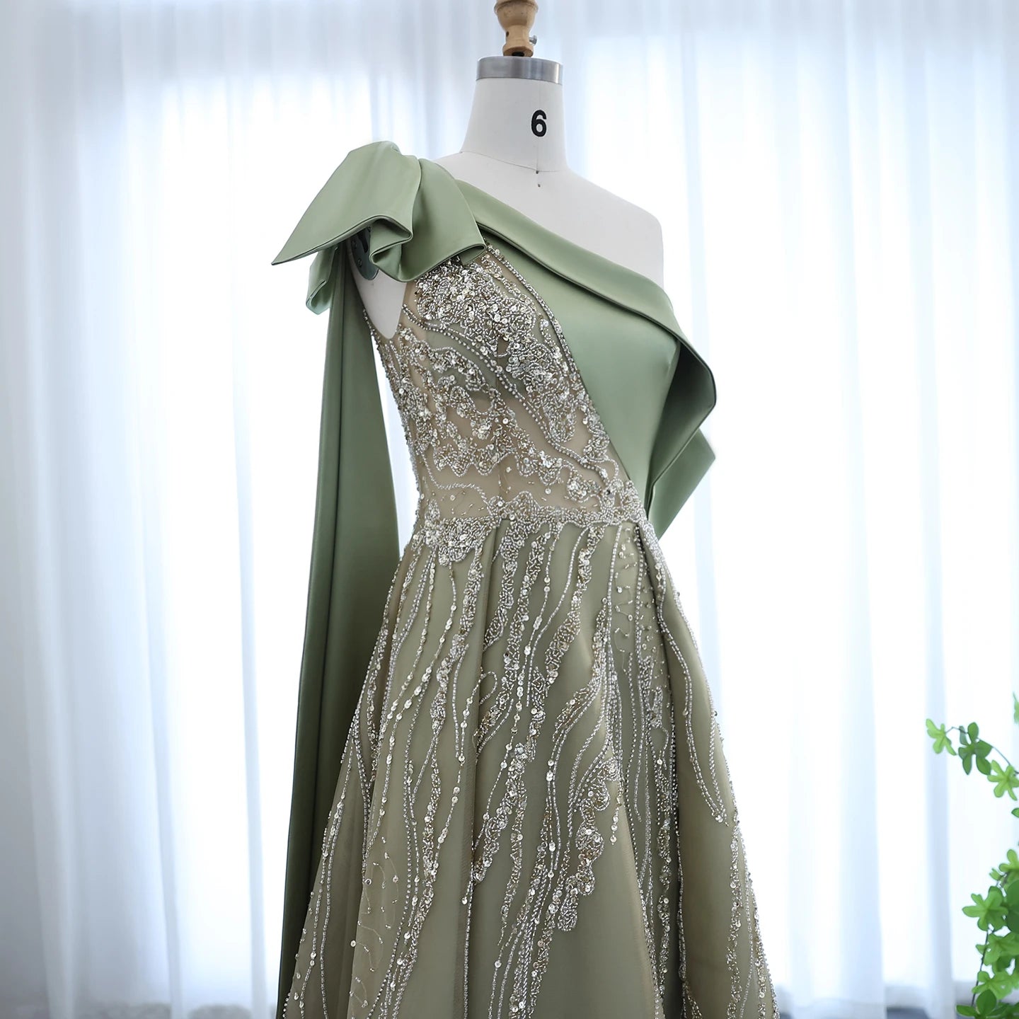 Luxury One Shoulder Olive Green Evening Dress with Cape Sleeves Side Slit Wedding Party Gowns - Image 6
