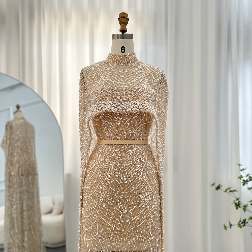 Luxury Pearls Champagne Evening Dresses with Cape Women Mermaid Wedding Party Prom Dress - Image 2