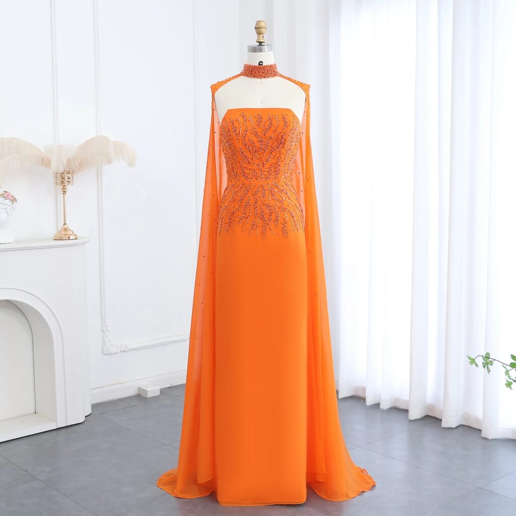 Orange Strapless Evening Dress with Cape Sleeve Women for Wedding Luxury Dubai Formal Party Gowns