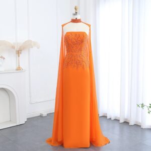 Orange Strapless Evening Dress with Cape Sleeve Women for Wedding Luxury Dubai Formal Party Gowns