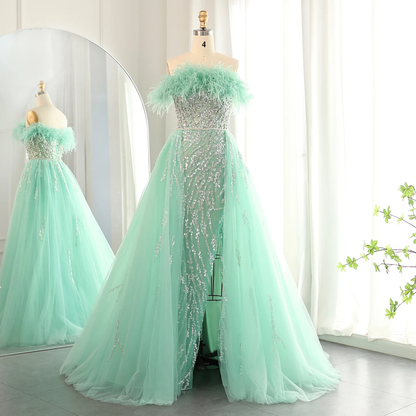 Luxury Feathers Lilac Evening Dress with Overskirt Side Slit Blue Green Women Wedding Party Gowns - Image 2