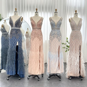 Luxury Feathers Mermaid Evening Dress for Women Wedding Party Sexy Side Slit Prom Dresses