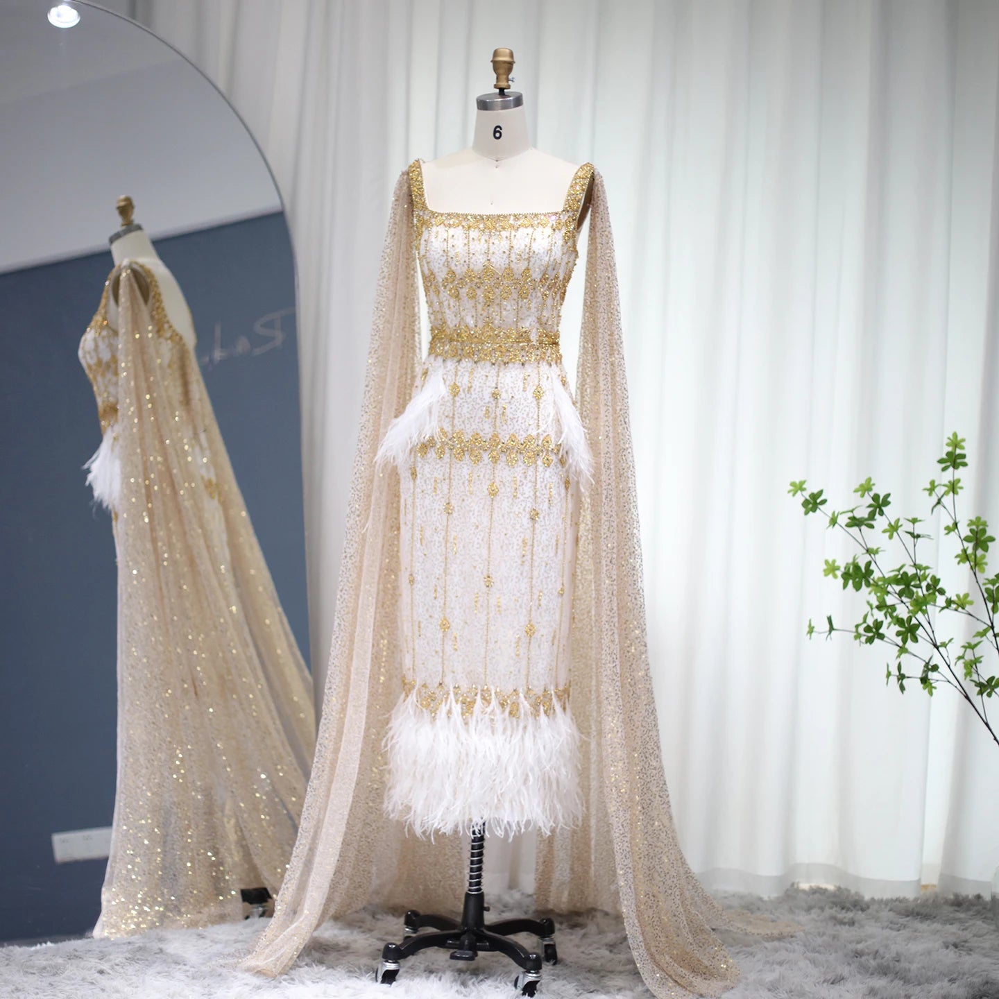 Mermaid Evening Dress with Cape Luxury Feather Formal Dresses for Women Wedding Party - Image 2