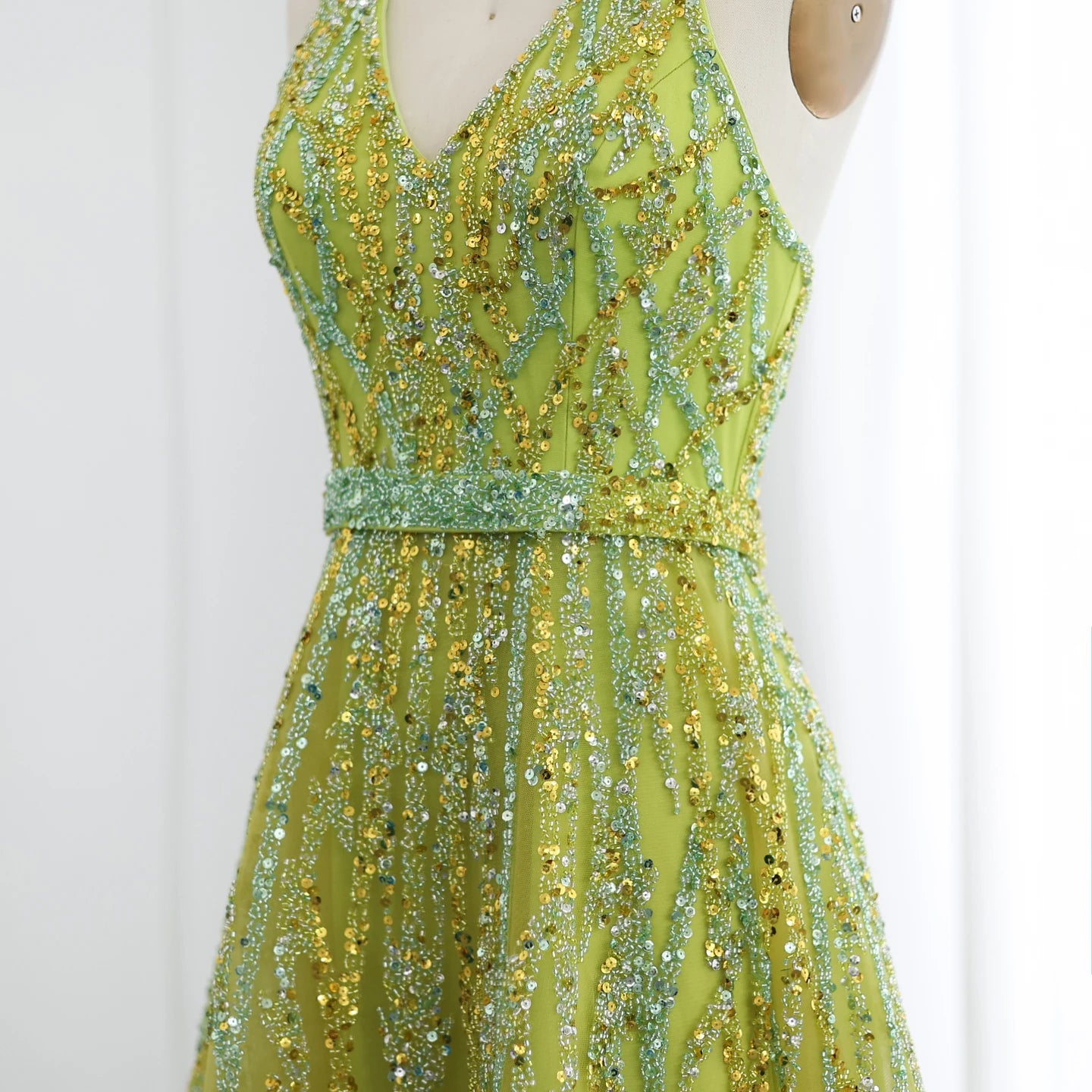 Beaded Lemon Green Evening Dresses with Halter High Low Women Wedding Party Gowns - Image 4