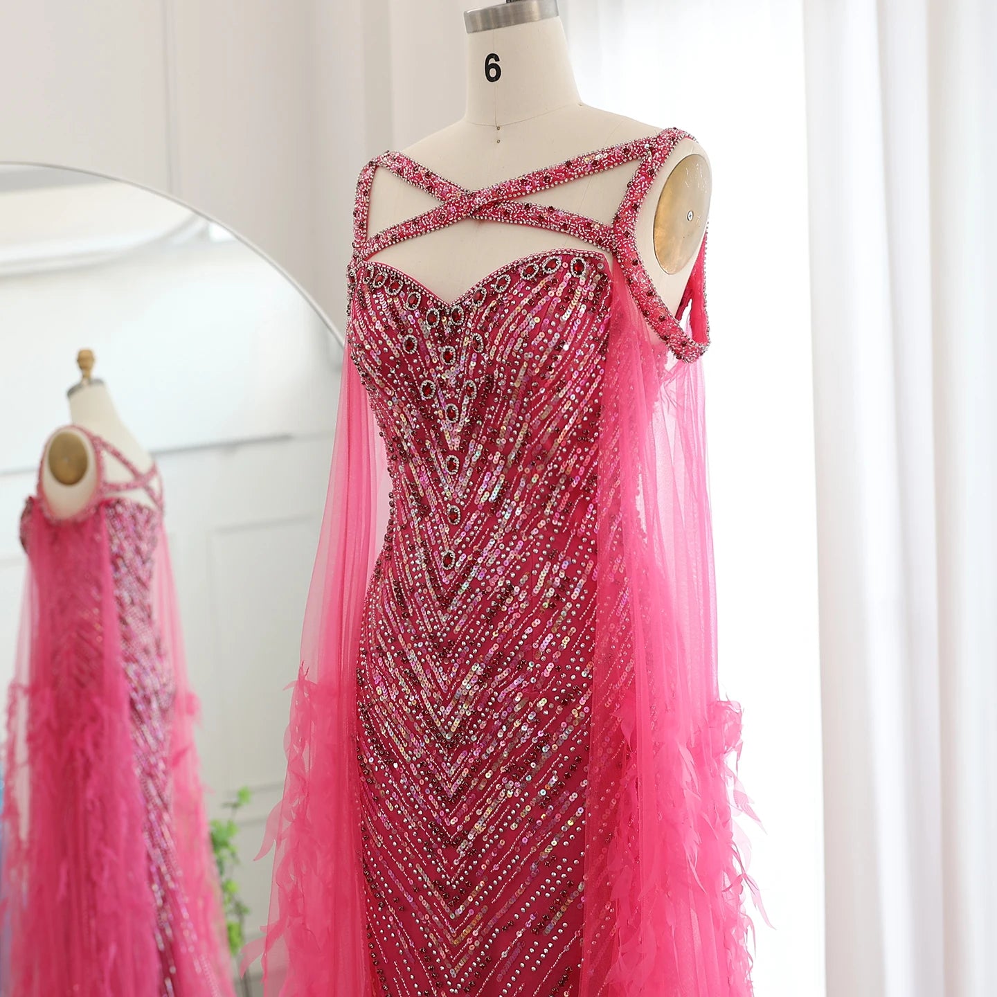 Fuchsia Mermaid Evening Dresses with Cape Sleeves Luxury Turquoise Women Wedding Party Dress - Image 12