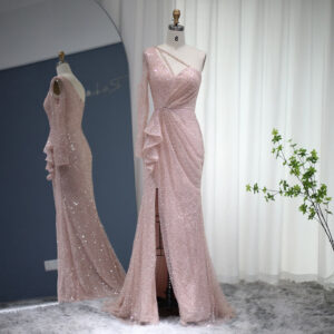 Sexy One Shoulder Mermaid Evening Dress Luxury High Slit Prom Dresses for Women Wedding Party