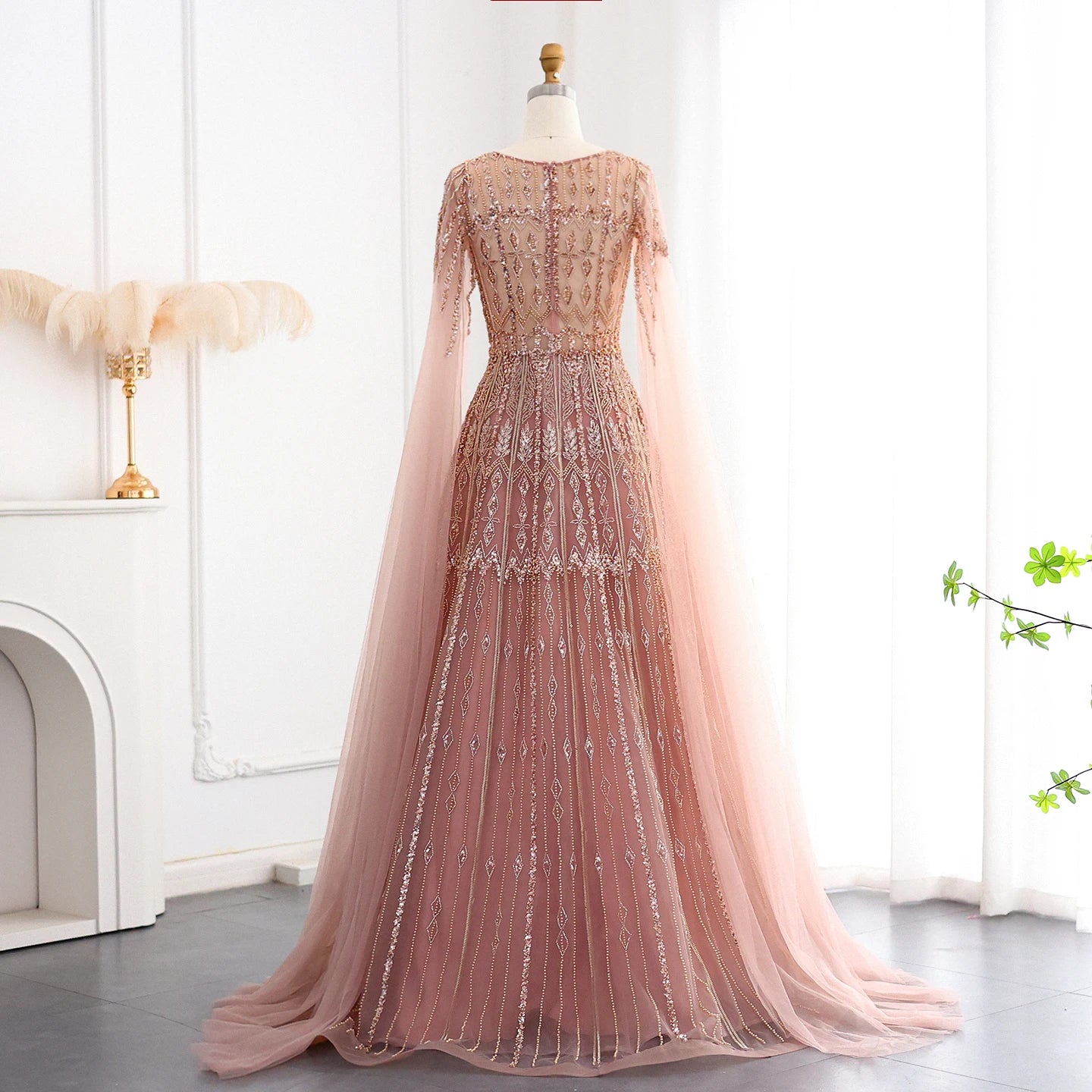Blue Luxury Evening Dress with Cape Sleeves Brown Pink Wedding Formal Party Gowns - Image 12