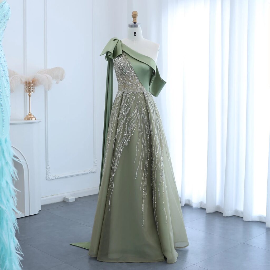 Luxury One Shoulder Olive Green Evening Dress with Cape Sleeves Side Slit Wedding Party Gowns