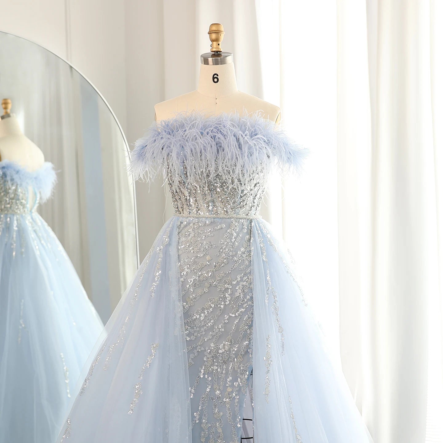 Luxury Feathers Lilac Evening Dress with Overskirt Side Slit Blue Green Women Wedding Party Gowns - Image 12