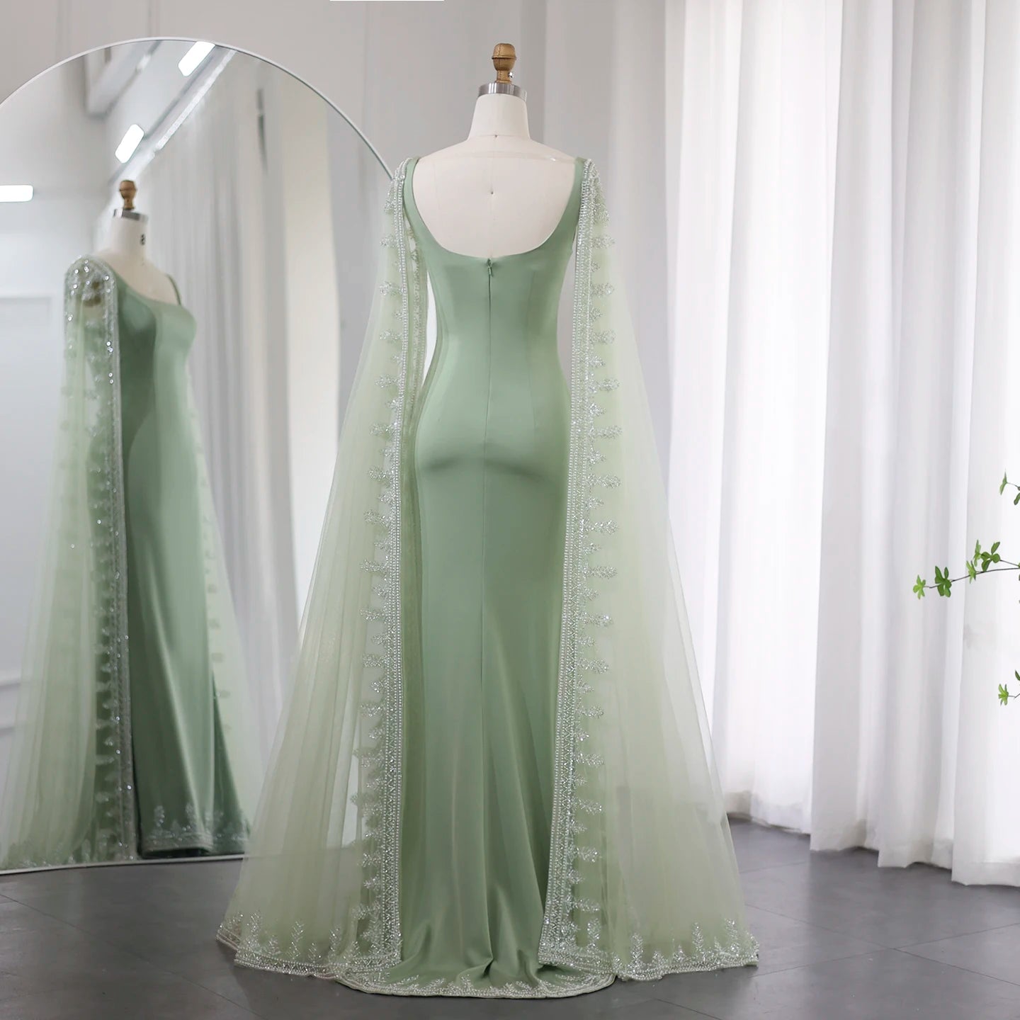 Luxury Blue Mermaid Evening Dresses with Cape Sleeves Sage Green Elegant Women Wedding Party Gowns - Image 13
