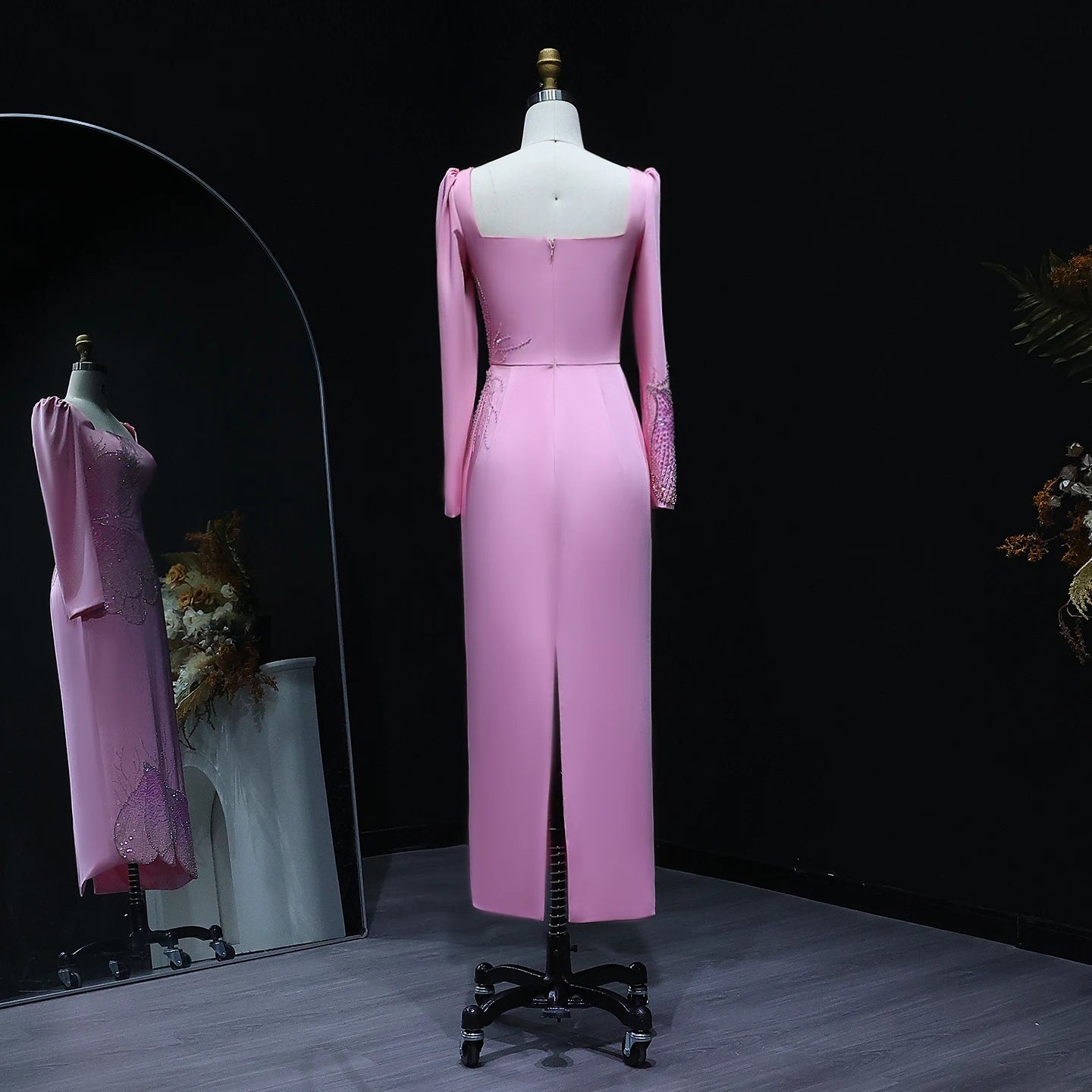 Elegant Pink Beaded Luxury Evening Dress Long Sleeves for Women Wedding Party Square Neckline - Image 6