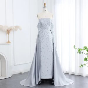 Silver Gray Luxury Evening Dress with Overskirt Sleeves Woman Wedding Party Prom Formal Gown