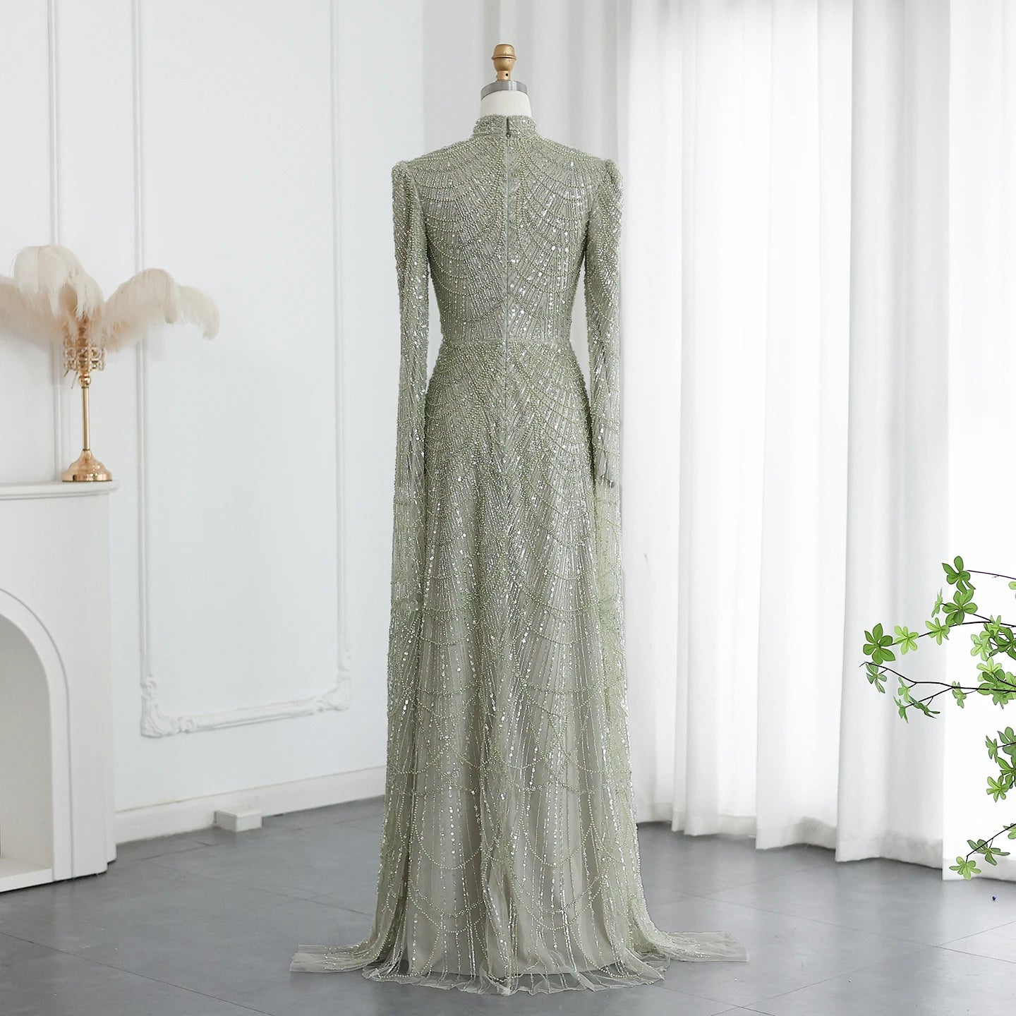 Sage Green Muslim Evening Dresses with Cape Sleeves High Neck for Arabic Women Wedding Party - Image 9