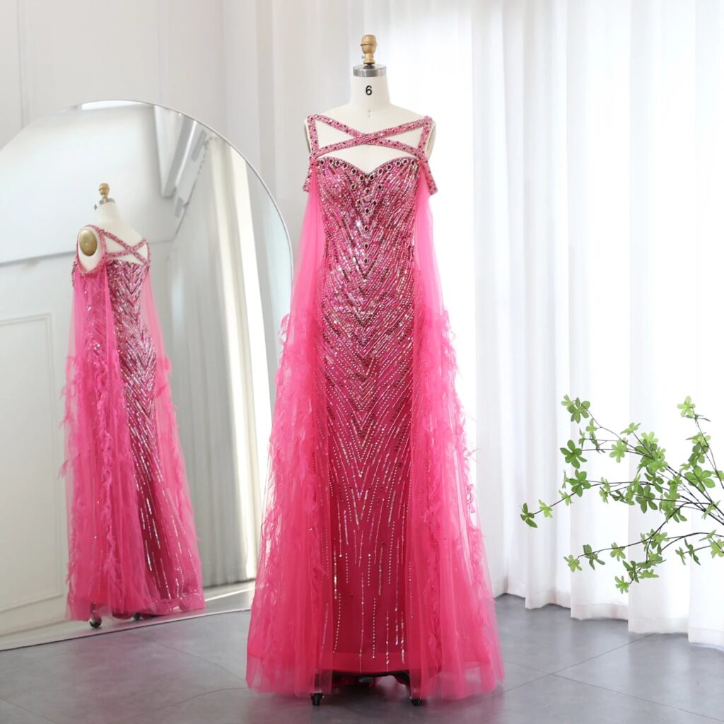 Fuchsia Mermaid Evening Dresses with Cape Sleeves Luxury Turquoise Women Wedding Party Dress