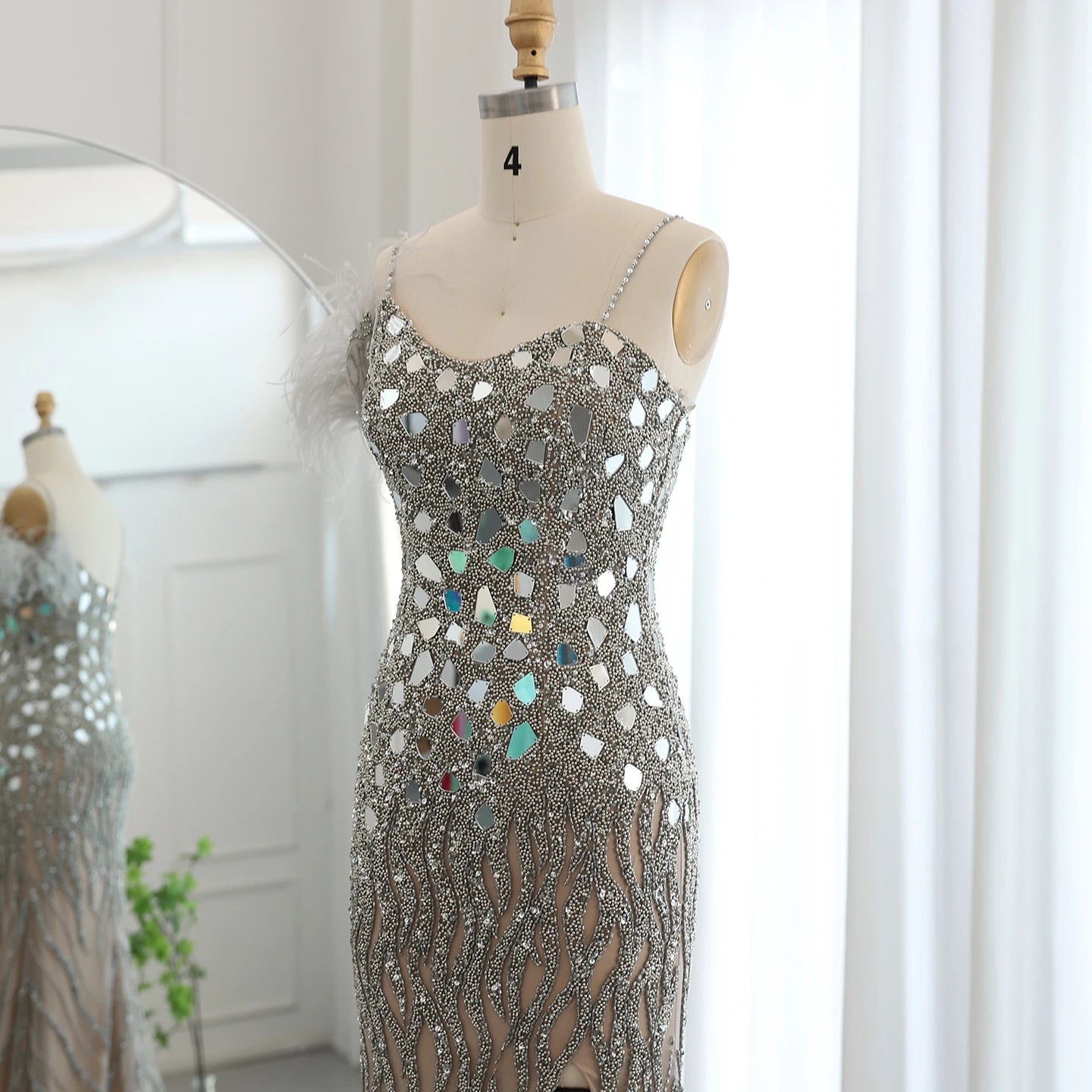 Luxury Beaded Feather Mermaid Silver Nude Evening Dress for Women Wedding Party Elegant Dubai Formal Prom Gown - Image 12