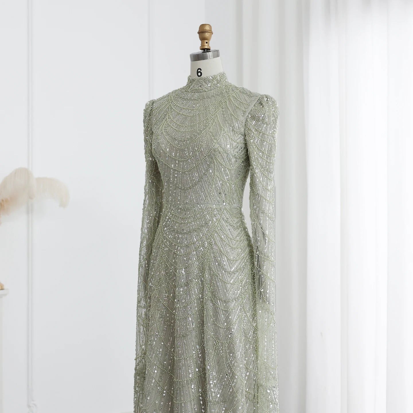 Sage Green Muslim Evening Dresses with Cape Sleeves High Neck for Arabic Women Wedding Party - Image 7