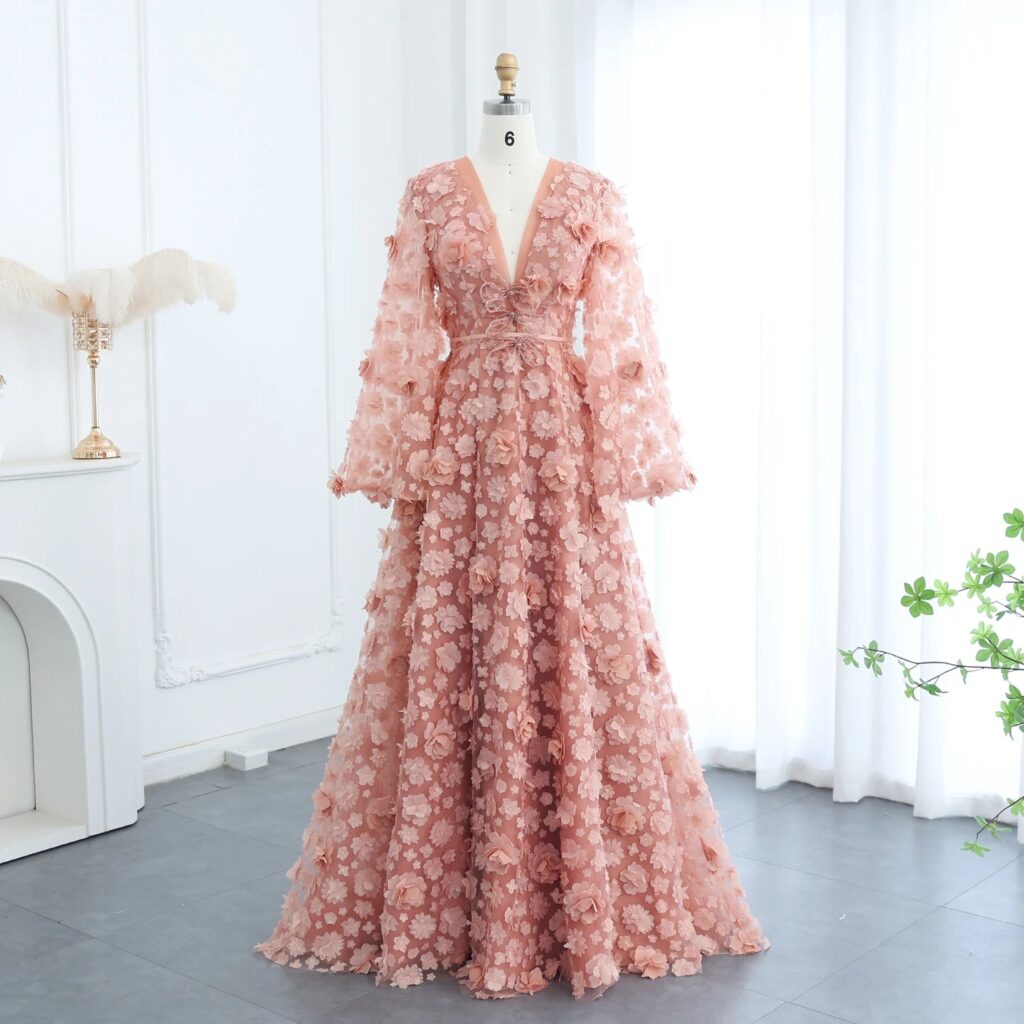 Blush Peach-Pink 3D Flowers Evening Dresses with Bell Long Sleeves V-Neck Wedding Party Birthday Gowns