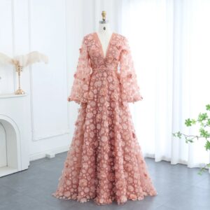 Blush Peach-Pink 3D Flowers Evening Dresses with Bell Long Sleeves V-Neck Wedding Party Birthday Gowns