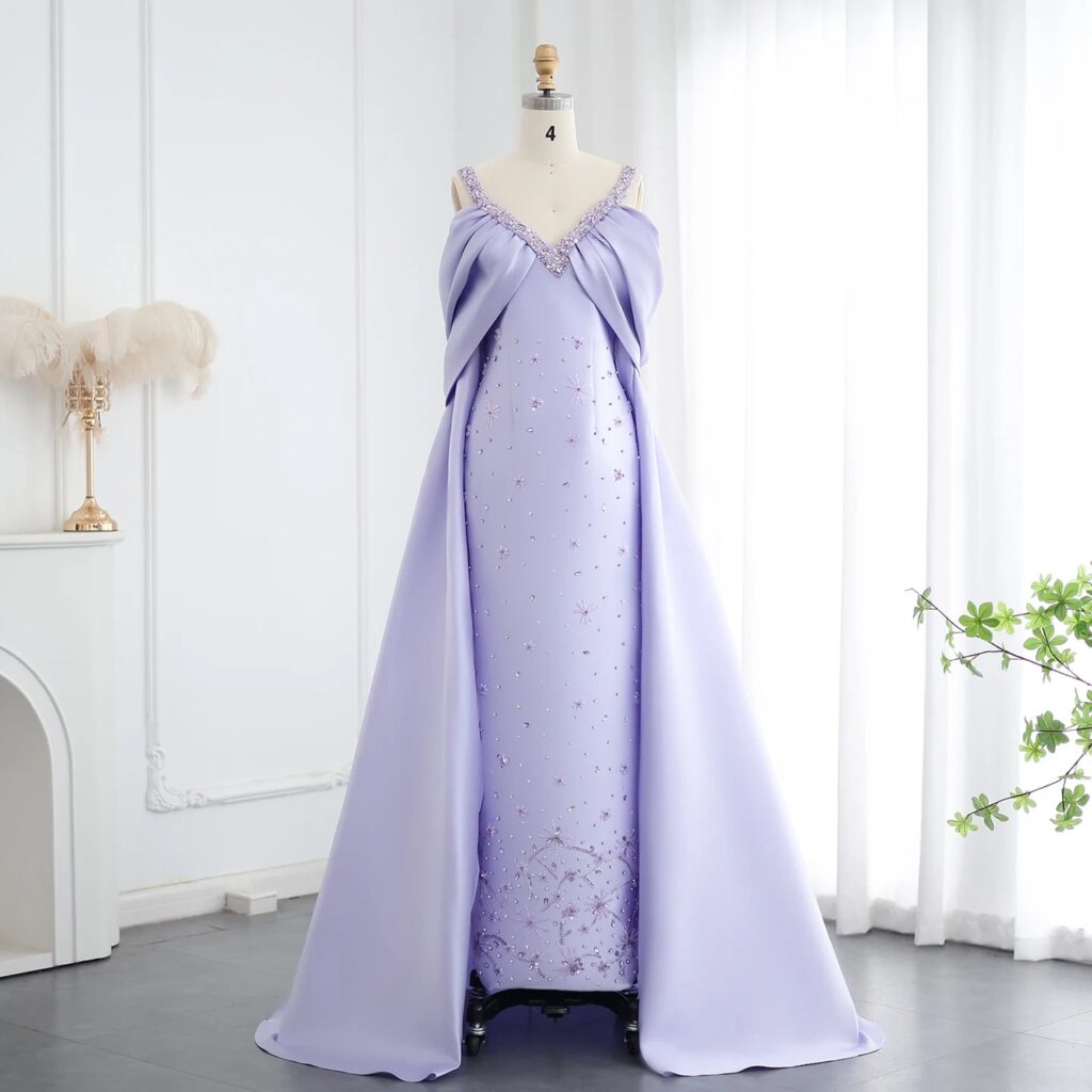 Lilac Off Shoulder Lilac Evening Dresses with Cape Luxury Beaded Women Wedding Party Gowns
