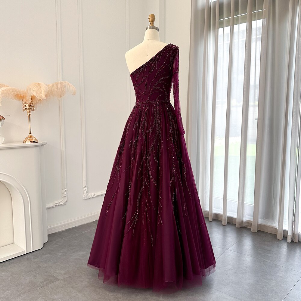 Luxury One Shoulder Fuchsia Evening Dresses for Women Wedding Elegant Long Sleeve Formal Gowns - Image 6