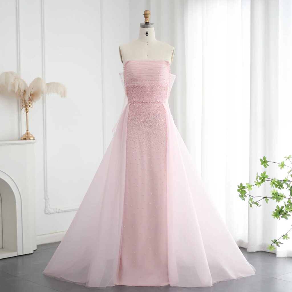 Beads Pink Evening Dress with Overskirt Glove Elegant Women Arabic Formal Party Gown