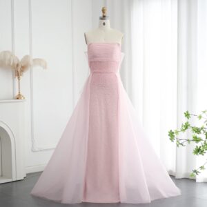 Beads Pink Evening Dress with Overskirt Glove Elegant Women Arabic Formal Party Gown