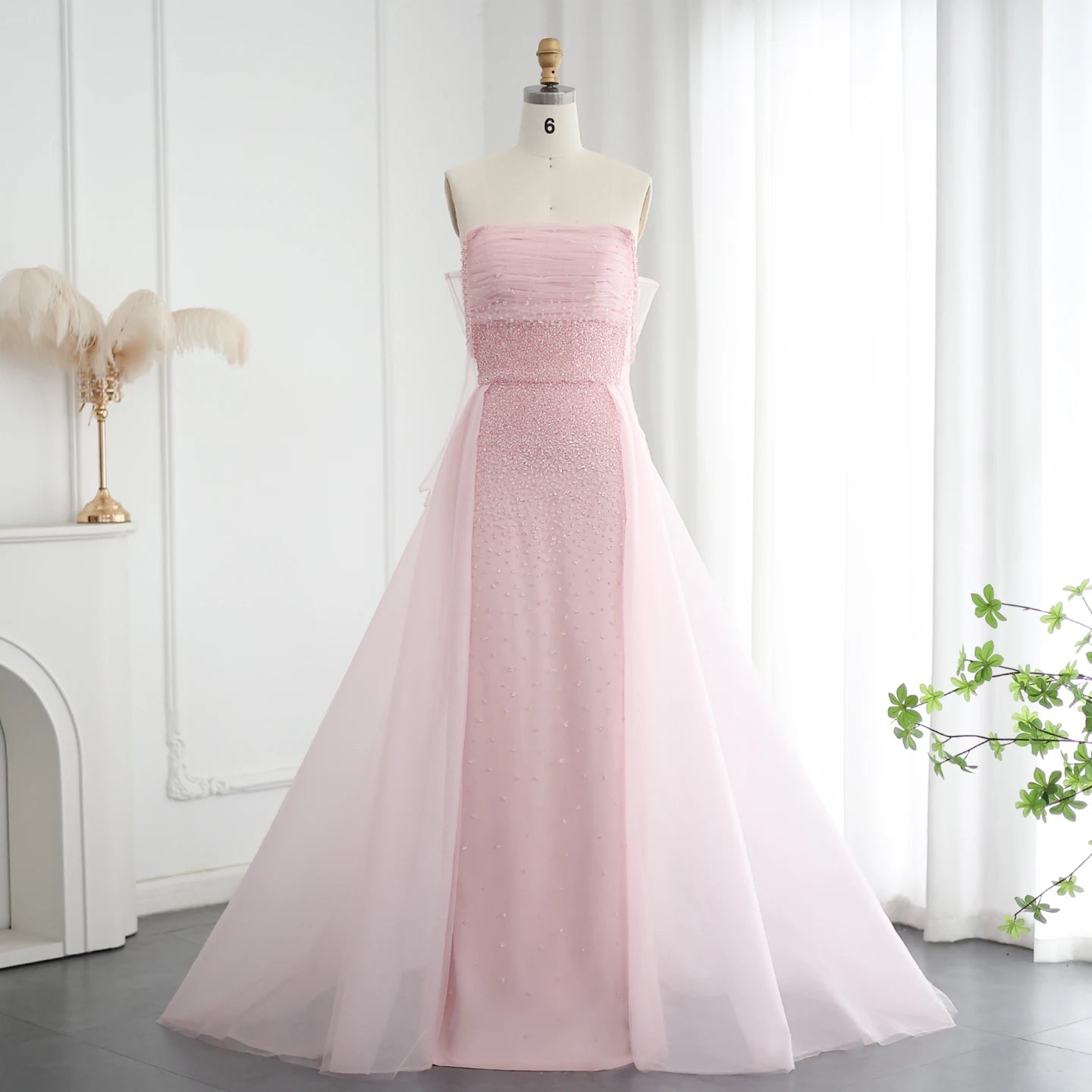 Beads Pink Evening Dress with Overskirt Glove Elegant Women Arabic Formal Party Gown