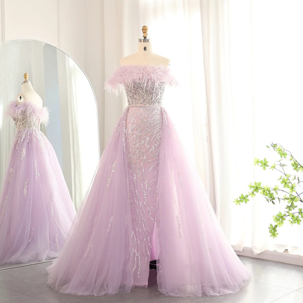 Luxury Feathers Lilac Evening Dress with Overskirt Side Slit Blue Green Women Wedding Party Gowns