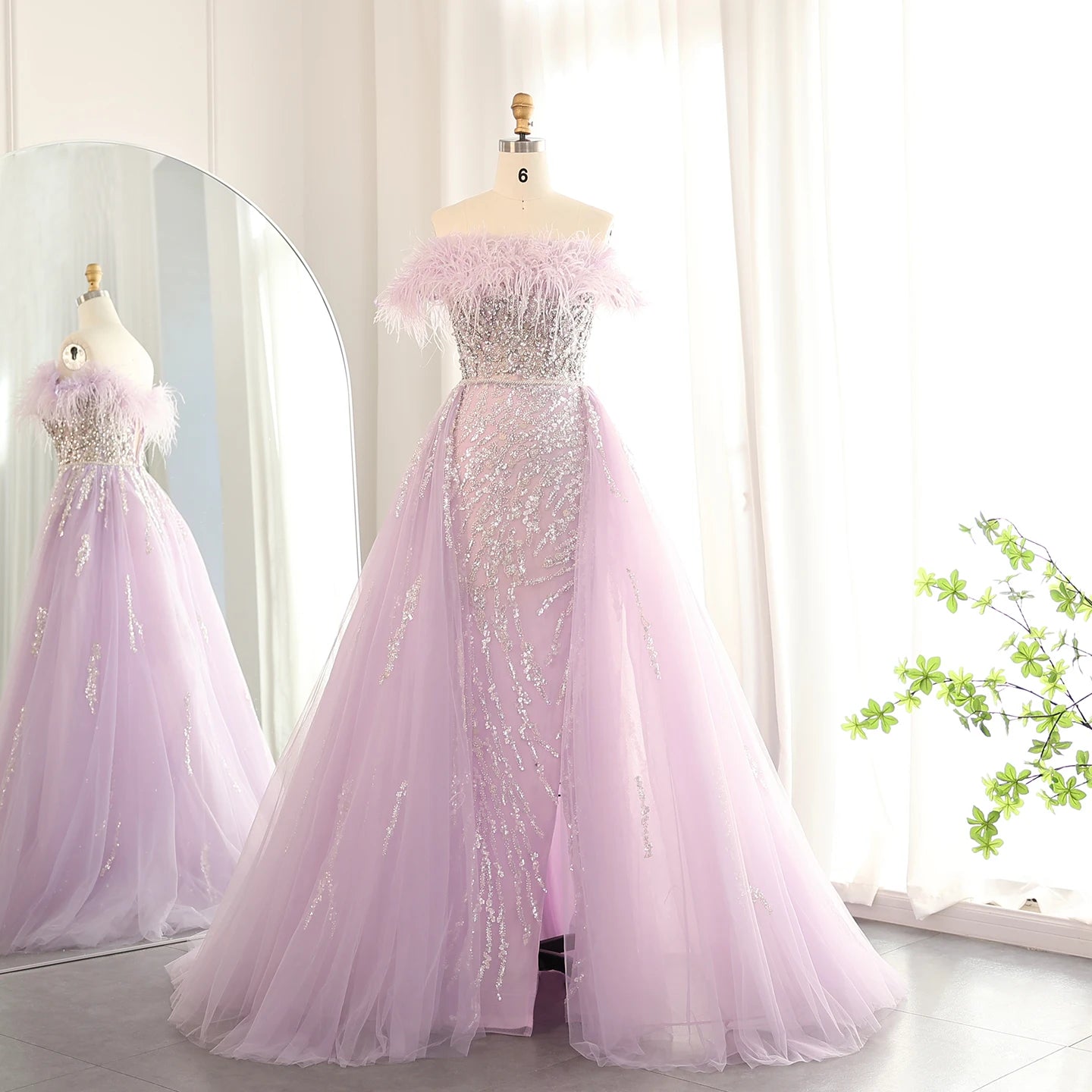 Luxury Feathers Lilac Evening Dress with Overskirt Side Slit Blue Green Women Wedding Party Gowns