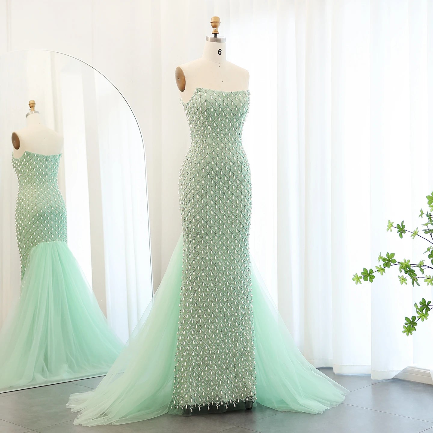 Luxury Crystal Pearls Mermaid Sage Green Evening Dress with Cape Elegant Women Wedding Party Gown - Image 8