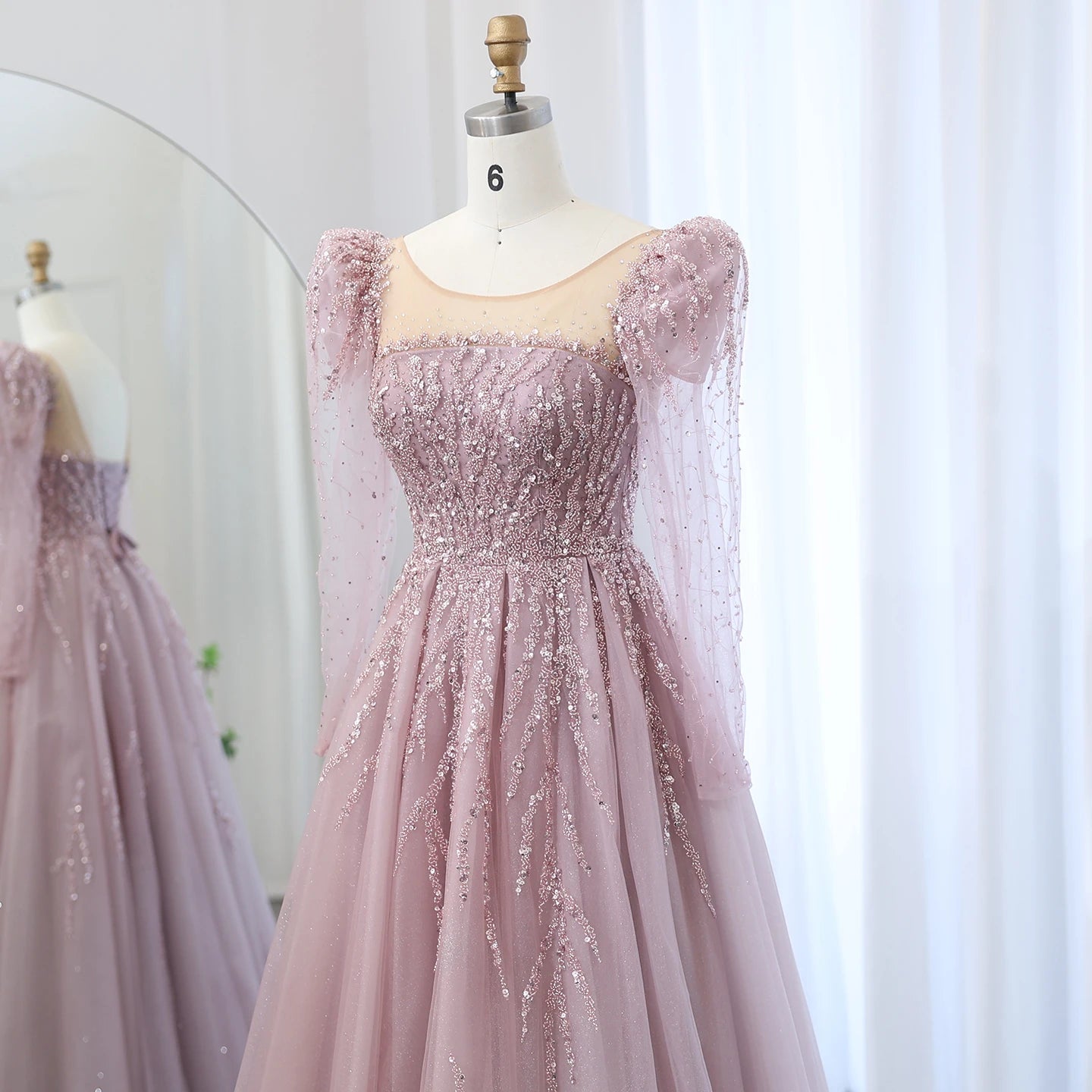 Dusty Pink Long Sleeves Luxury Evening Dress for Women Wedding Party Formal Prom Gowns - Image 4