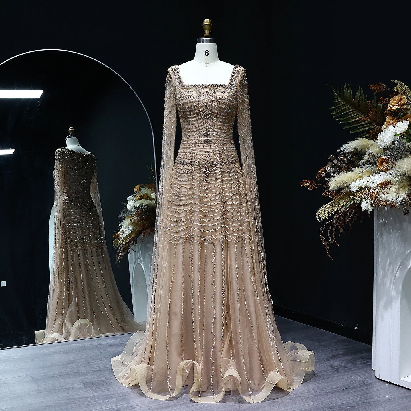 Luxury Nude Evening Dress with Cape Sleeves Blue White Women Wedding Party Gowns - Image 3