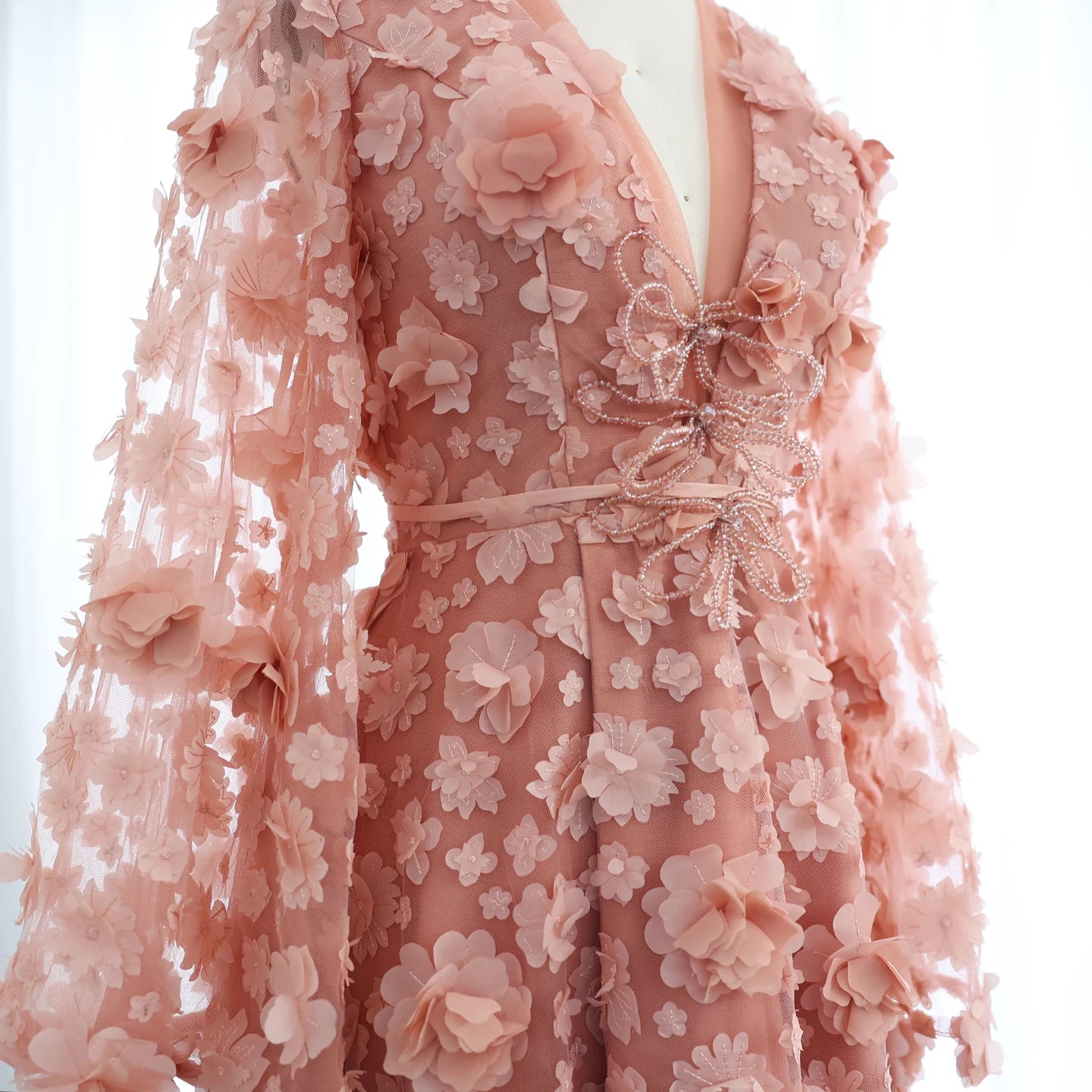 Blush Peach-Pink 3D Flowers Evening Dresses with Bell Long Sleeves V-Neck Wedding Party Birthday Gowns - Image 5