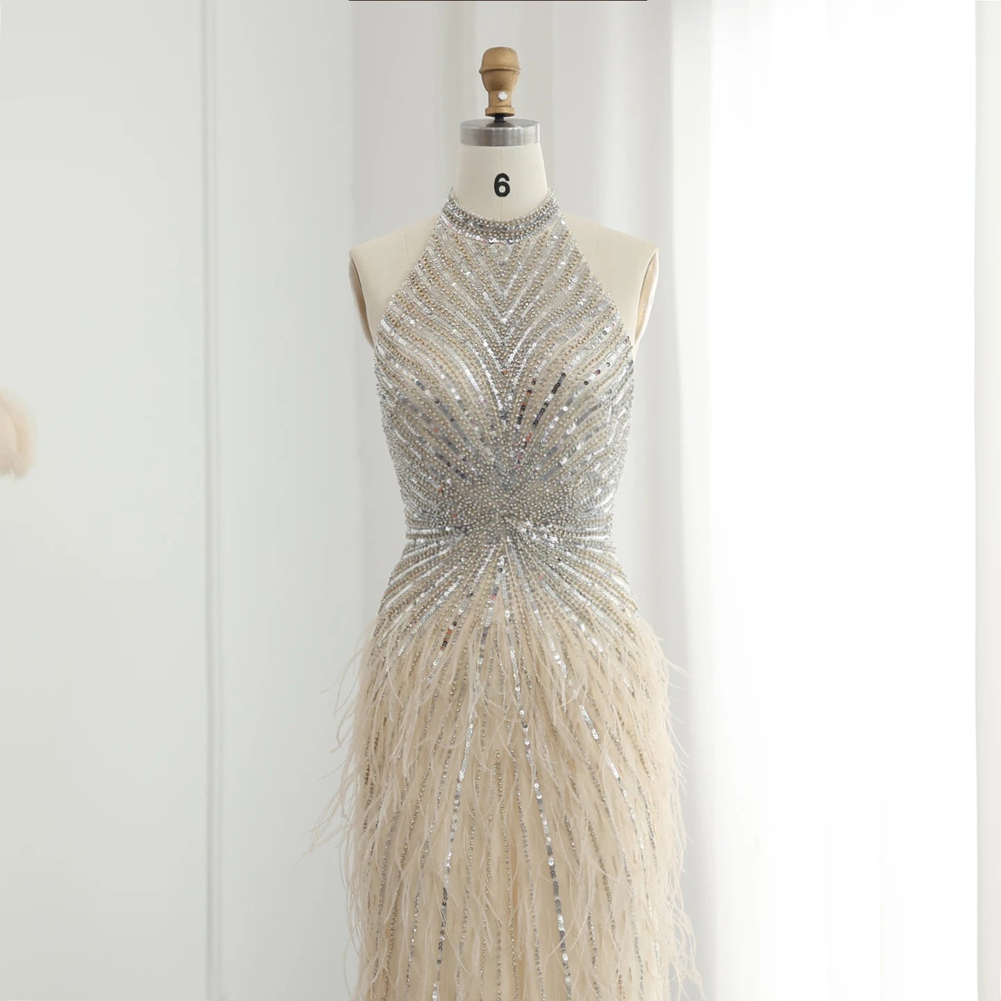 Luxury Beaded Feathers Mermaid Silver Gray Evening Dress Halter Backless Blue Beige Formal Party Gown - Image 13