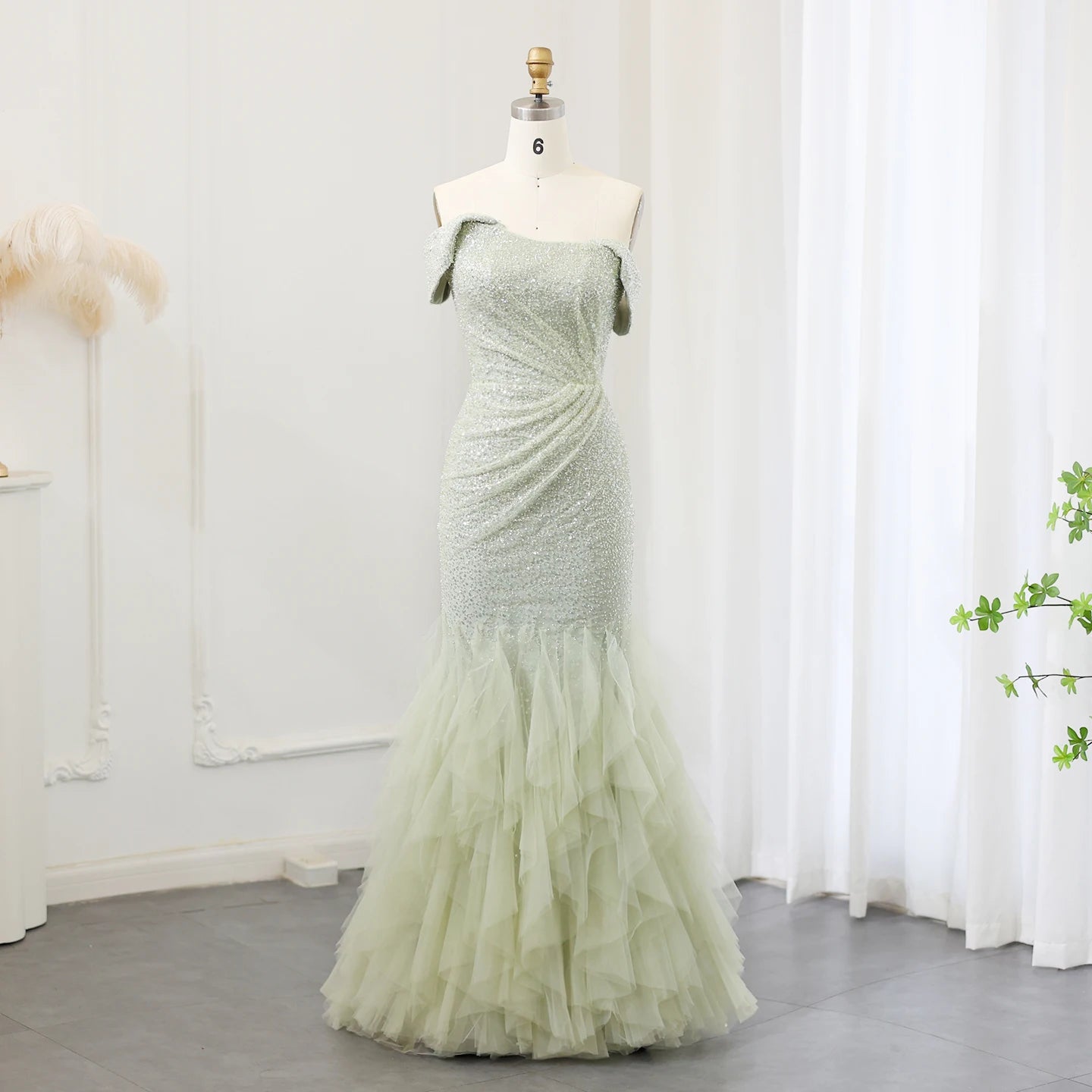 Sparkly Sage Green Sequined Mermaid Evening Dress for Women Wedding Party Long Dubai Arabic Formal Prom Gowns - Image 8