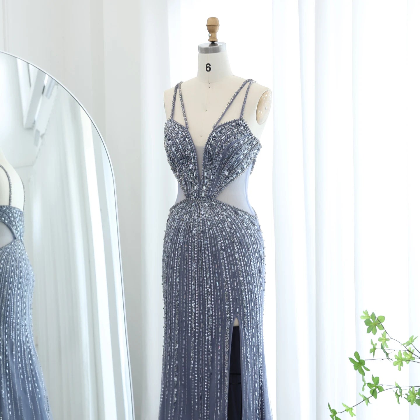 Luxury Beaded Nude Mermaid Evening Dresses Sexy V-neck High Slit Blue Long Women Wedding Party Prom Dress - Image 8