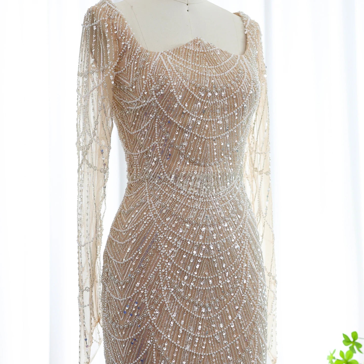 Beads Black Mermaid Long Sleeve Evening Dress for Women Champagne Formal Dresses Prom Dress - Image 4