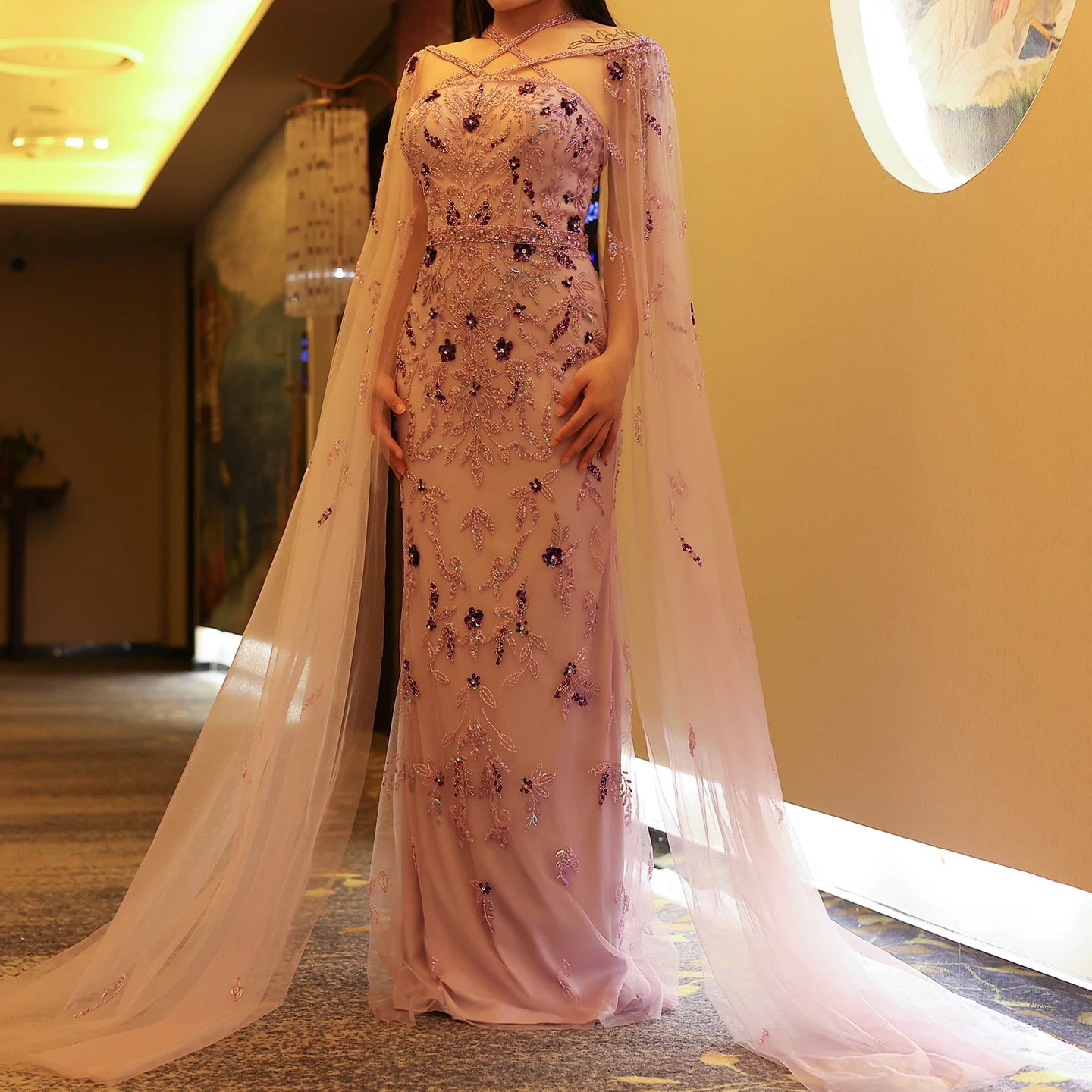 Luxury Lilac Evening Dresses with Cape Sleeves Criss Cross Elegant Arab Women Wedding Party Gowns - Image 3