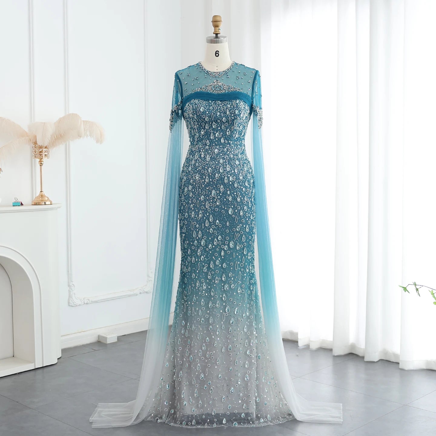 Mermaid Turquoise Crystal Evening Dresses with Cape Sleeves Arabic Women Wedding Party Gowns - Image 4