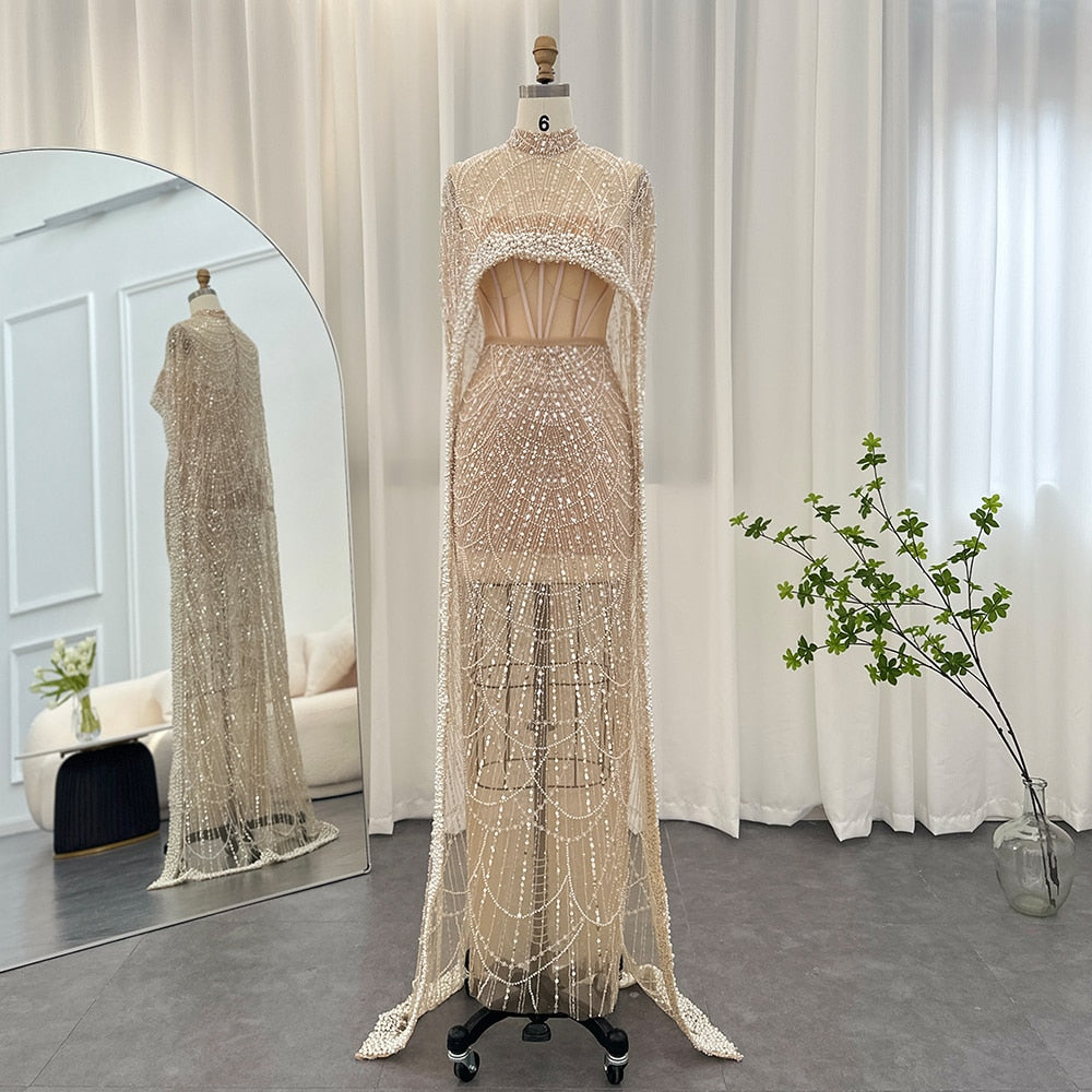 Luxury Pearls Champagne Evening Dresses with Cape Women Mermaid Wedding Party Prom Dress - Image 7