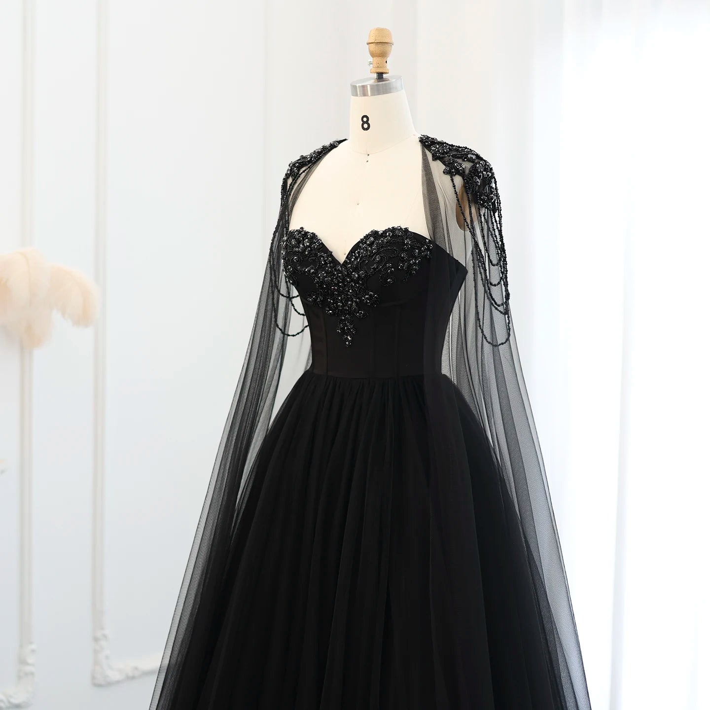 Gothic Tulle Evening Dress with Cape Sleeves Elegant Women Luxury Formal Party Gowns - Image 5