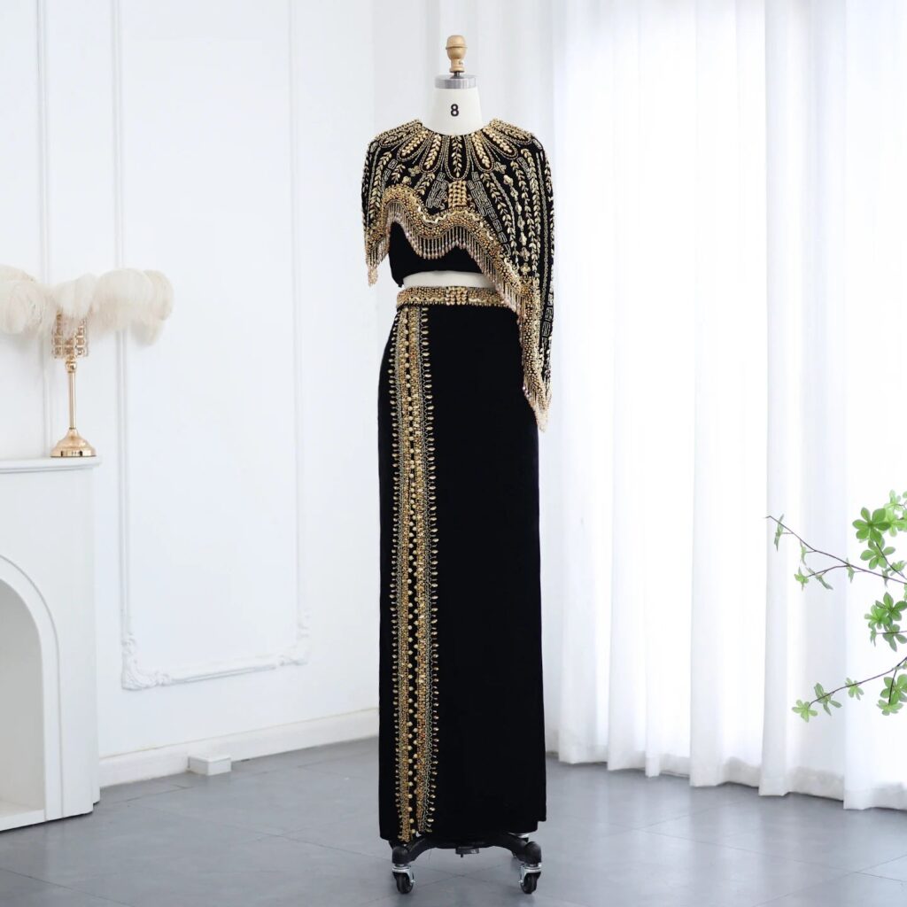 Arabic Black and Gold Two Pieces Evening Dresses Women Beads Midi Formal Prom Party Gowns