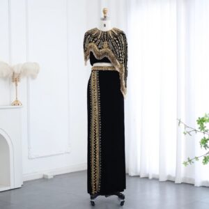 Arabic Black and Gold Two Pieces Evening Dresses Women Beads Midi Formal Prom Party Gowns