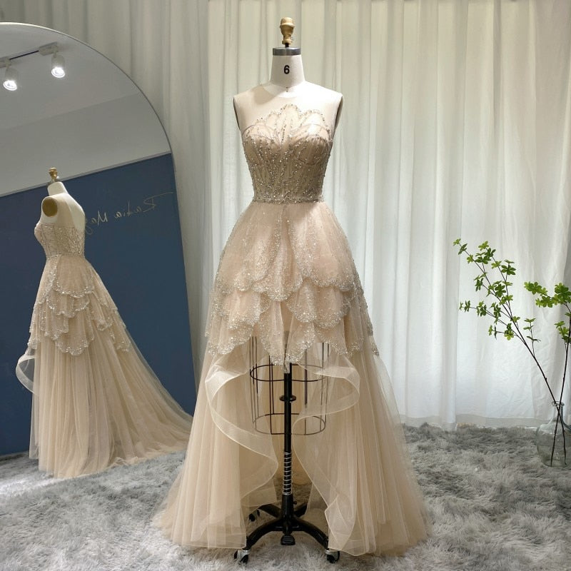Luxury Champagne High Low Evening Dress Elegant Tiered Short Front Long Back Prom Party Gowns - Image 10