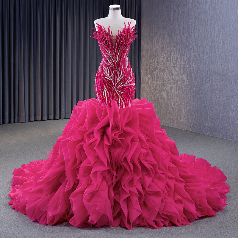 Ruffle Modest Sequins Party Prom Mermaid Ball Gown Evening Dresses