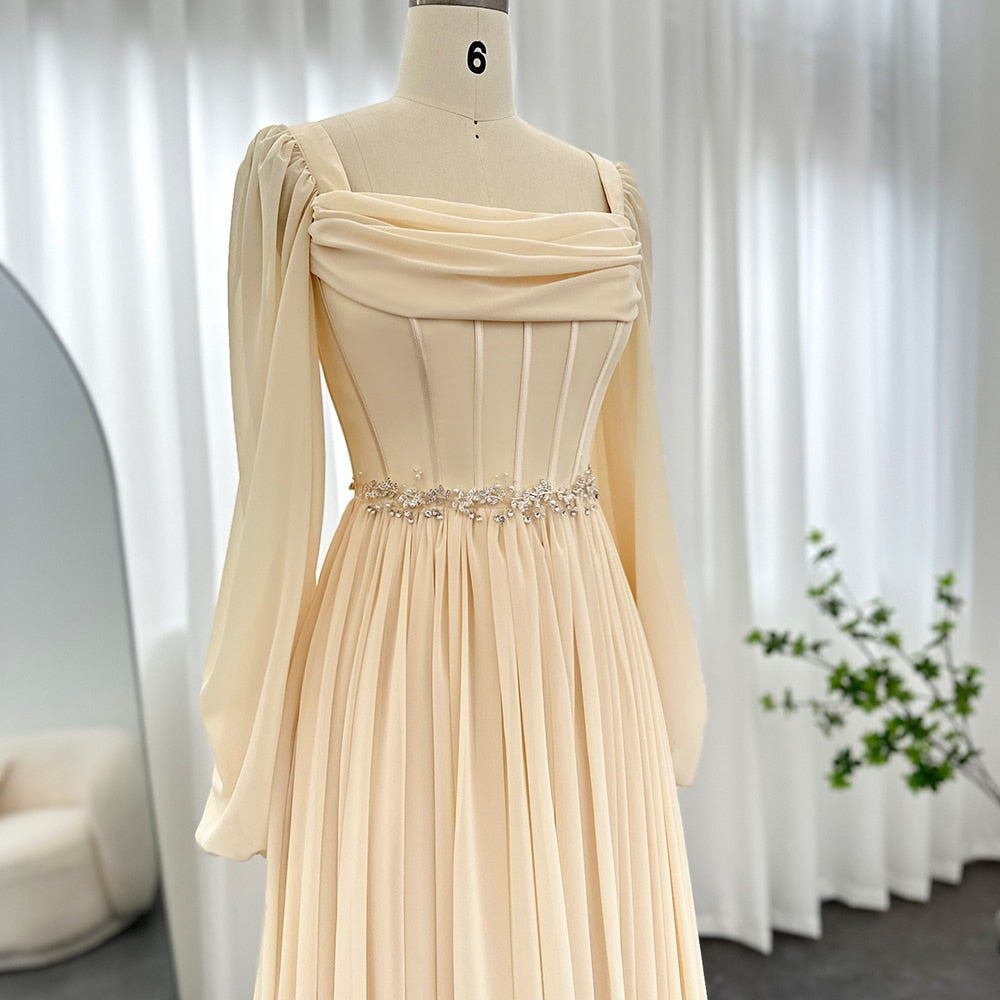 Beige Short Midi Evening Dress with Belt Long Sleeves Tea Length Women Formal Wedding Party Gowns - Image 7