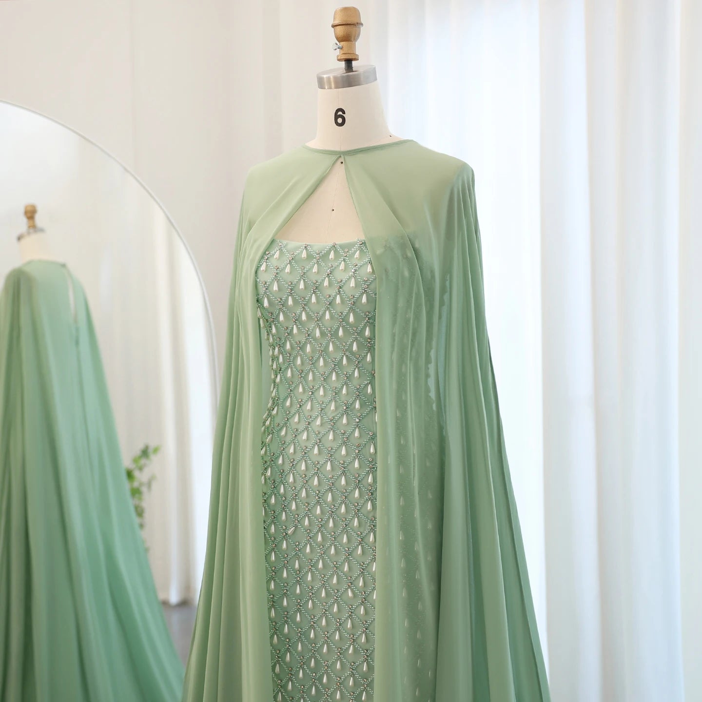 Luxury Crystal Pearls Mermaid Sage Green Evening Dress with Cape Elegant Women Wedding Party Gown - Image 5
