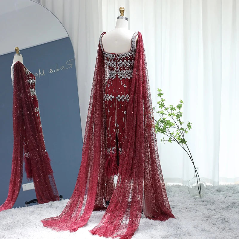 Mermaid Evening Dress with Cape Luxury Feather Formal Dresses for Women Wedding Party - Image 34